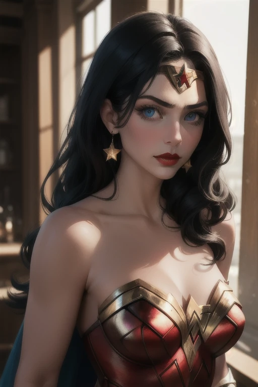 1 girl,Wonder Woman,Alone, long hair,breasts,neckline,Blue eyes, Black hair,neckline,jewelry, Bare Shoulders,Star (symbol),superhero,Red lips,earrings, strapless leotard,(  sharp focus, absurdres,masterpiece,natural light, extremely detailed :1.2),