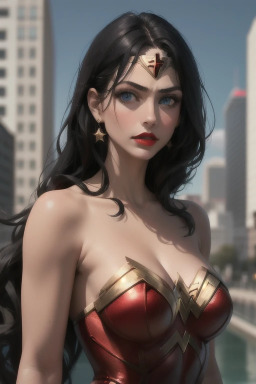 1 girl,Wonder Woman,Alone, long hair,breasts,neckline,Blue eyes, Black hair,neckline,jewelry, Bare Shoulders,Star (symbol),superhero,Red lips,earrings, strapless leotard,(  sharp focus, absurdres,masterpiece,natural light, extremely detailed :1.2),