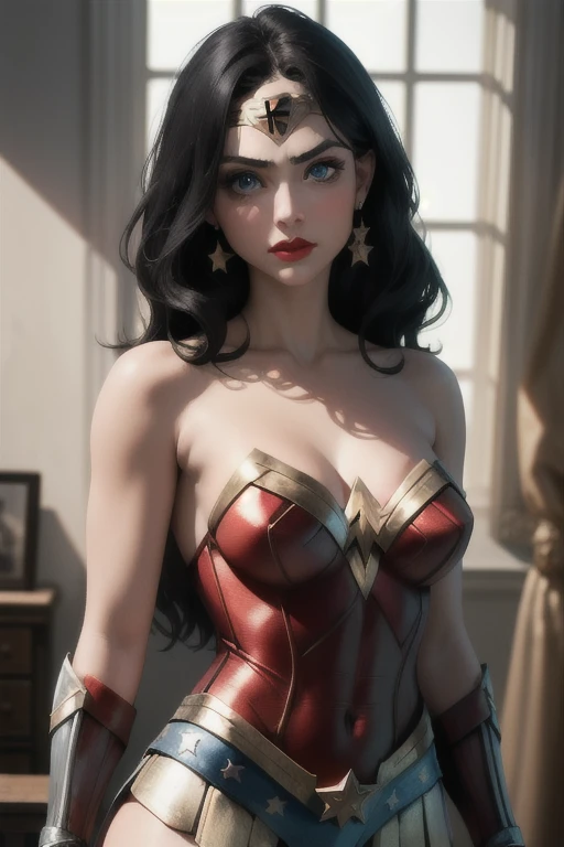 1 girl,Wonder Woman,Alone, long hair,breasts,neckline,Blue eyes, Black hair,neckline,jewelry, Bare Shoulders,Star (symbol),superhero,Red lips,earrings, strapless leotard,(  sharp focus, absurdres,masterpiece,natural light, extremely detailed :1.2),