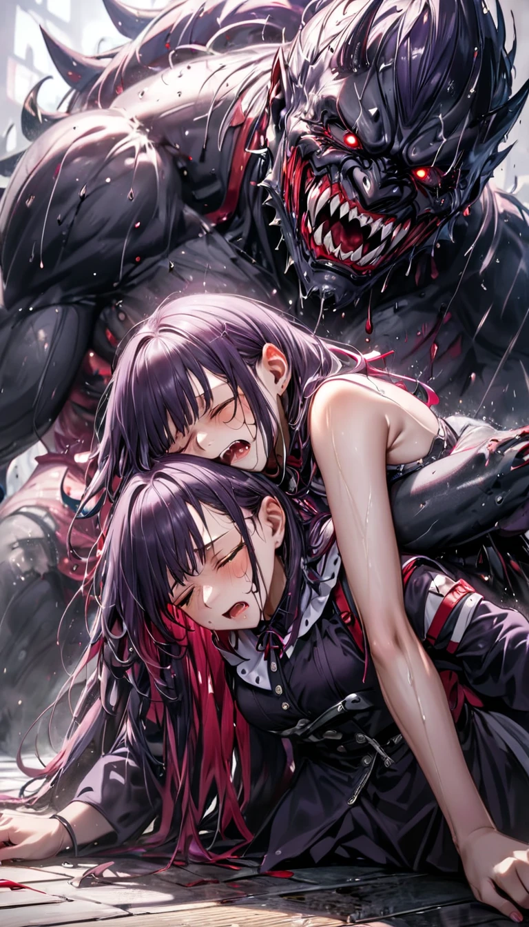 masterpiece, best quality, 1 girl, supine, lying face down on the floor, pale skin, messy hair, red eyes, glowing eyes, creepy, creepy smile, crazy expression, blood on face, blood on clothes, naked, creepy, scary, blood, horror, light particles, night, iron bracelets with chains