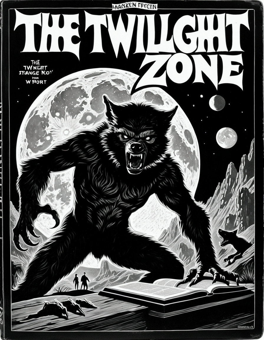 Werewolf.  Monochrome, Display the words "The Twilight Zone", queerish, hackneyed, peculiar, strange screen effects, Scratchboard, Intricate work reminiscent of copperplate prints. by Frank Frazetta, Hannes Bok. pulp fiction, Book Cover Design, Postmodern allegory, Vintage Processing. trippy footage, analog film texture, Mayonaka TV