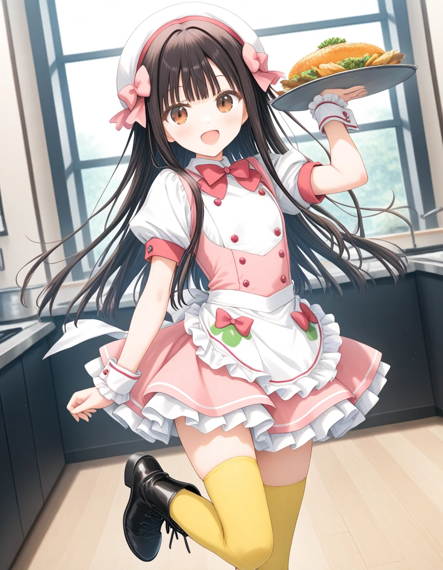 game CG break,((artist:shida_kazuhiro)),(artist:mitsumi_misato),(artist:fujiyama),,(masterpiece), (best quality), (ultra-detailed), very aesthetic, newest, beauty illustration,super detailed skin, 1girl,loli,{cooking idol ai! mai! main!},{{{{hiiragi mine}}}},white hat, dress,short sleeves,brown eyes,food themed clothes,bow, black long hair,apron,{{{{{pink cock coat}}}}},yellow thighhighs,skirt, wrist cuffs, waitress, yellow kneehighs, bangs, shoes, puffy sleeves, frills, pink bow, long hair, puffy short sleeves, white headwear, waist apron, brown long hair, food print, ribbon, boots,