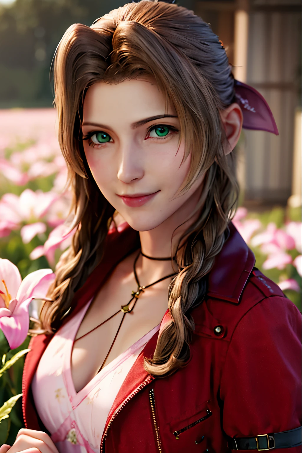 masterpiece,best quality,highres,1girl,solo,Aerith Gainsborough,green eyes,hair ornament,red jacket on top of long pink summer dress,cowboy shot,looking at viewer,farm,smile,holding flower,