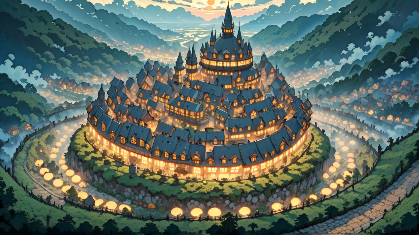 (masterpiece, ultra-detailed, top quality), (cartoon-like illustrations reminiscent of Hayao Miyazaki, Japanese 2D animation, shadows:1.3), distant night view from above, (huge peach moons:1.5), (huge medieval European castle town:1.3).