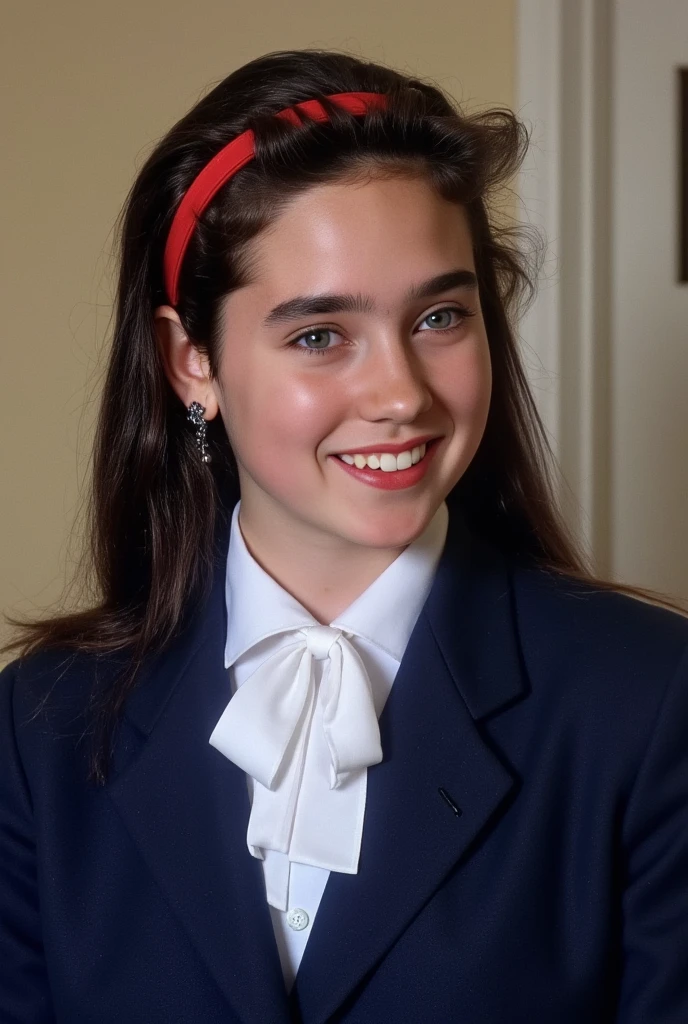 (very realistic photography),(masterpiece, best quality:1.3), 1girl, (alone), front view,
((young Jennifer Connelly)),(at ),
she wear in tidy dark blue high school blazer uniform and immaculate blouse with pure white ribbon tie.,
with lovely face,
(She has a vivid red headband in her hair.),
scooped nose arched high with a turned-up tip,
no make up,
moist eyes with her pupils are dilated.,
flawless fresh succulent fine smooth fair skin,
with precocious female body with precociously large blreasts and broad wide shoulders, 
Jennifer Connelly's unique and beautiful face is recreated.,
a bit wet shiny long dark hair fluttering,
smiling lovingly to someone,
She is happily folding laundries in the living room.,
bright natural light illuminating on her beautiful face.,