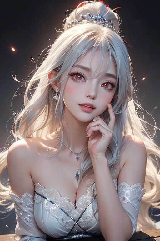 masterpiece, highest quality, very detailed, cinematic lightning, intricate details, High resolution, official art, beautiful detailed face and eyes, High resolutionのイラスト, 8K, written boundary depth, Bokeh, alone, 1 girl, girl with white hair and red eyes, long white hair, beautiful red eyes, beautiful scenery, rainy city, Upper body, looking at the viewer, close,wide open chest,big breasts,choker