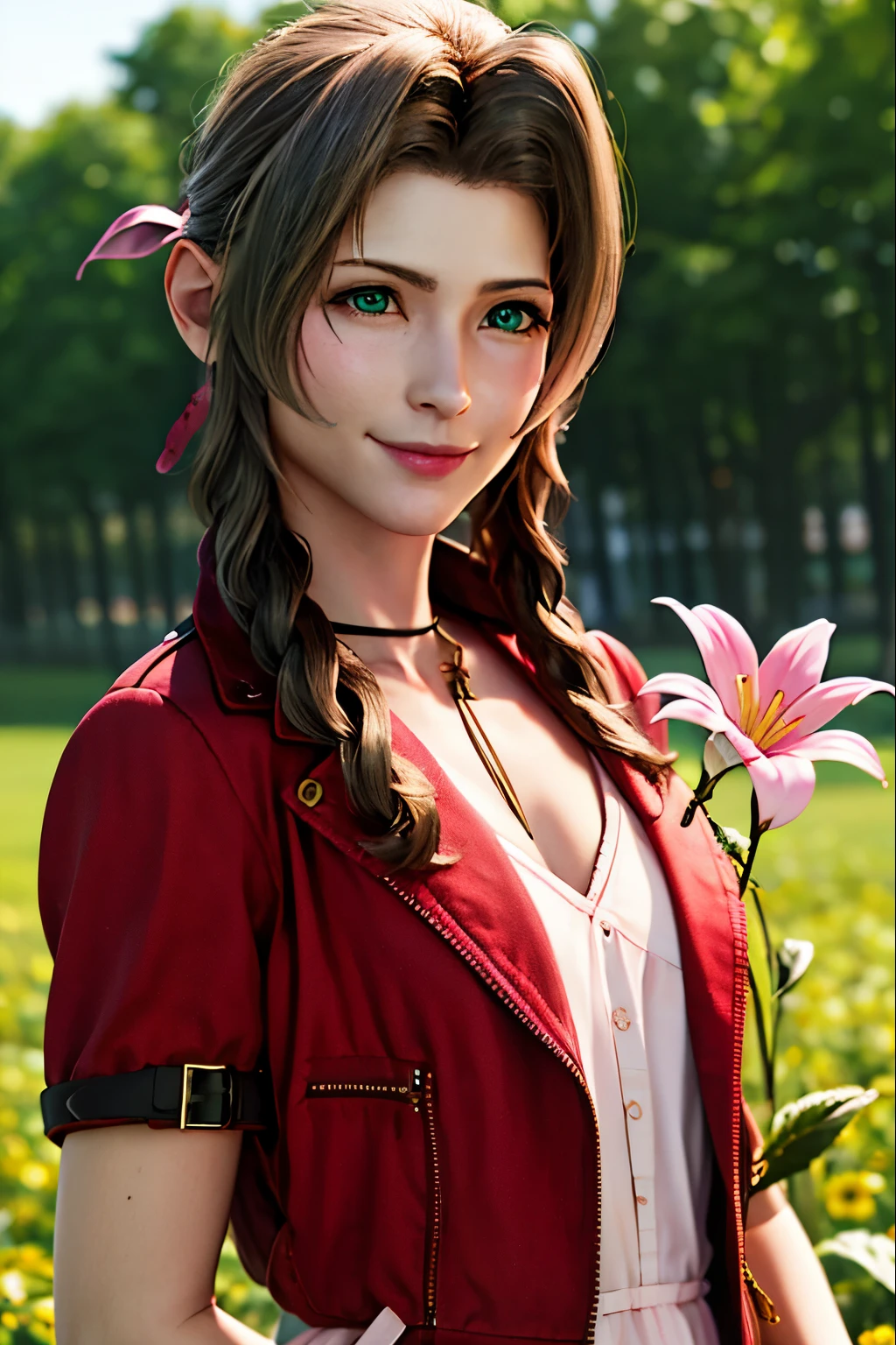 masterpiece,best quality,highres,1girl,solo,Aerith Gainsborough,green eyes,hair ornament,red jacket on top of long pink summer dress,cowboy shot,looking at viewer,farm,smile,holding flower,