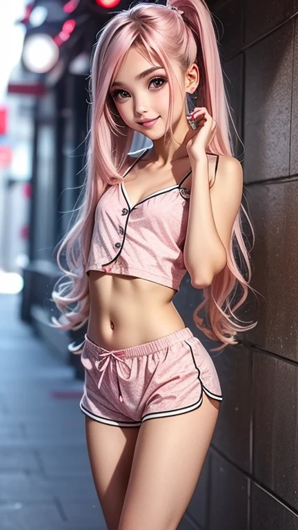 1 pretty woman, long pink hair with pigtails, ((petite chest)), small waist, skinny, small crop top, cotton short pajama shorts, in panties