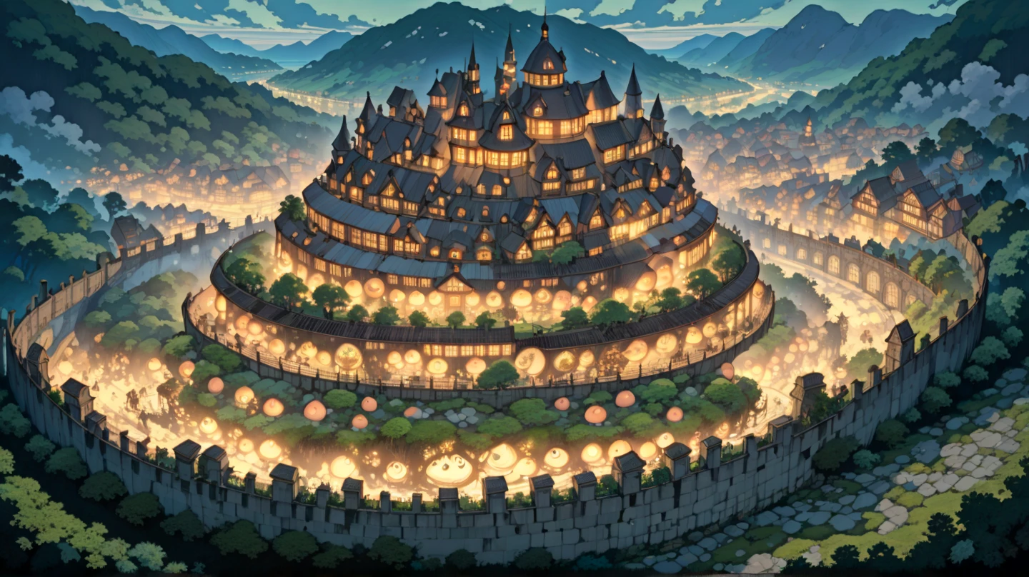 (masterpiece, ultra-detailed, top quality), (cartoon-like illustrations reminiscent of Hayao Miyazaki, Japanese 2D animation, shadows:1.3), distant night view from above, (huge peach moons:1.5), (huge medieval European castle town:1.3).