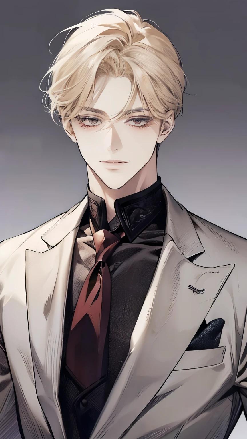 Solo, anime drawing of a man with blonde hair and red eyes, clean anime outlines, praying posture, side part bangs, medium hair length, anime portrait of a handsome man, male anime style, smirk facial
