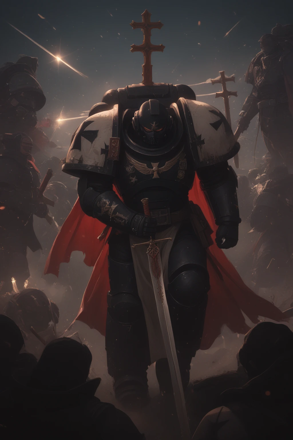 cinematic film still, Black tamplers, large space marine,On the mask is a white cross of the Crusaders, Red ribbon on the right hand, Red cloak, Sword in hand, swinging the sword above himself, highly detailed, bokeh, moody, epic, film grain, grainy 