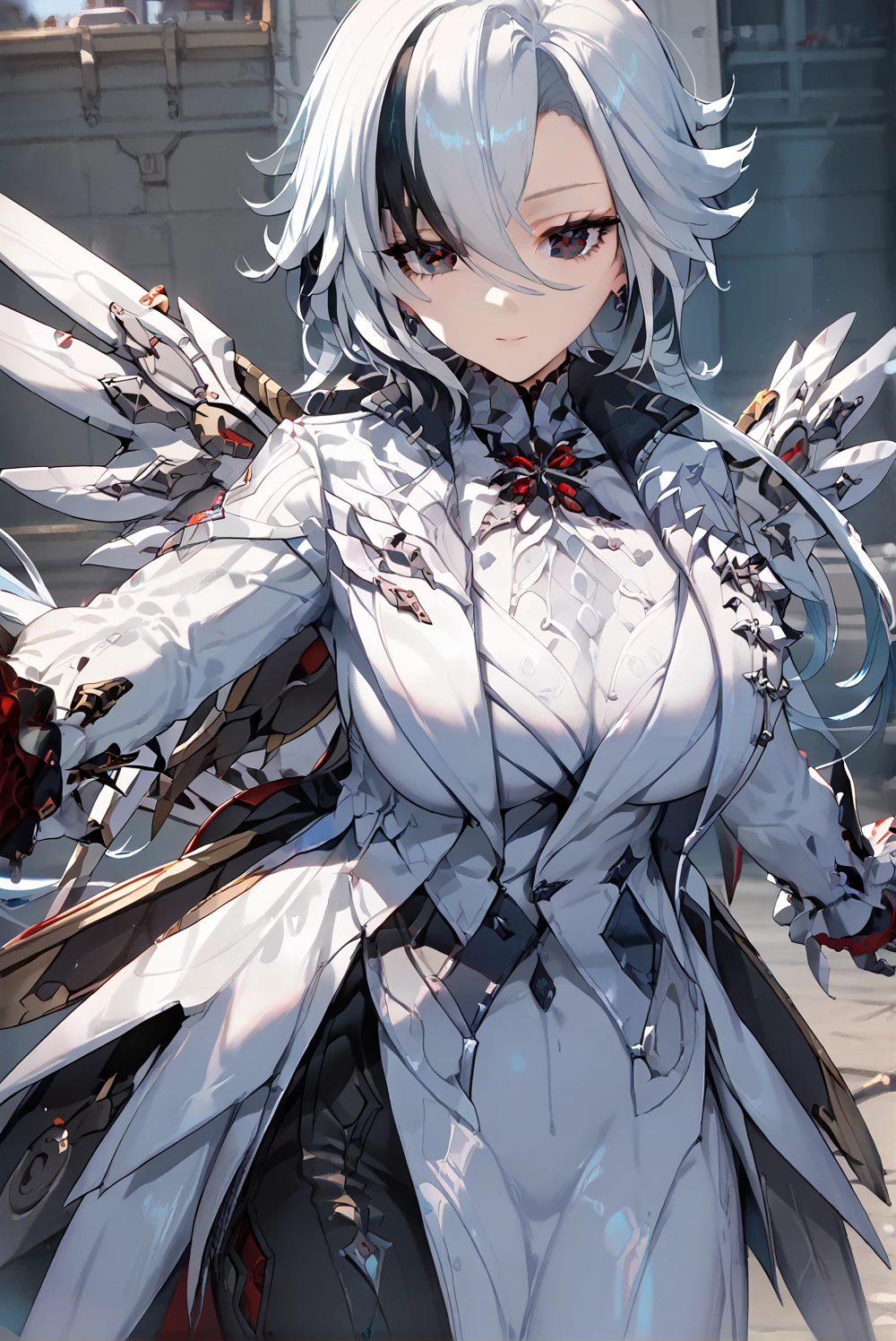 (((Arlecchino))),(furina costume,beautiful eyes,),((gigantic huge busty)),close-up shot,spread arms,outstretched arms,mecha musume,solo girl,mecha arms,mecha wings,