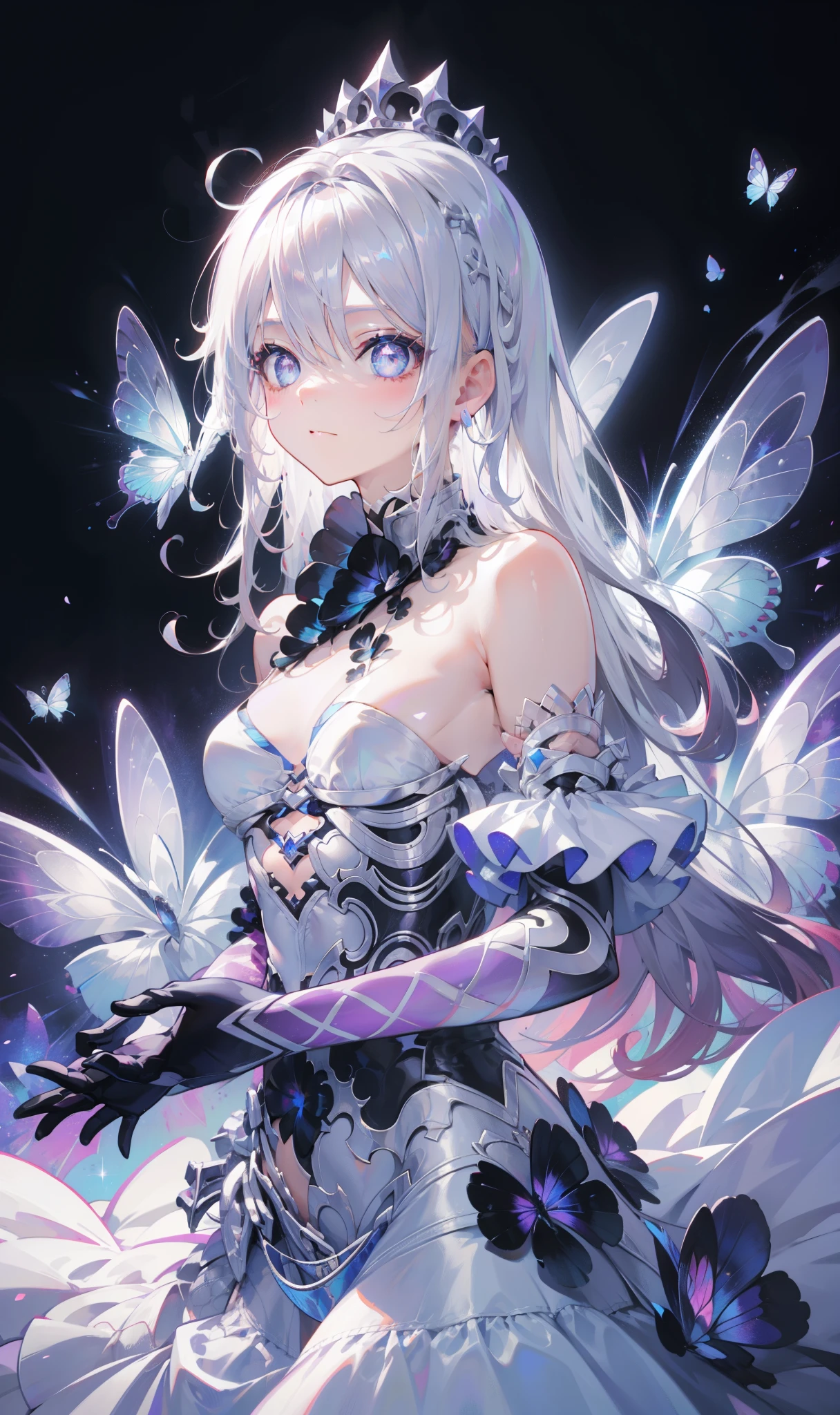 Silver Hair,Butterfly,White hair, white wedding dress, 8k wallpaper, detailed background, Maximum resolution ,Deep V, hair covers one eye,Strapless wedding dress,Chis,White Rose,Tight, Full Body Photo