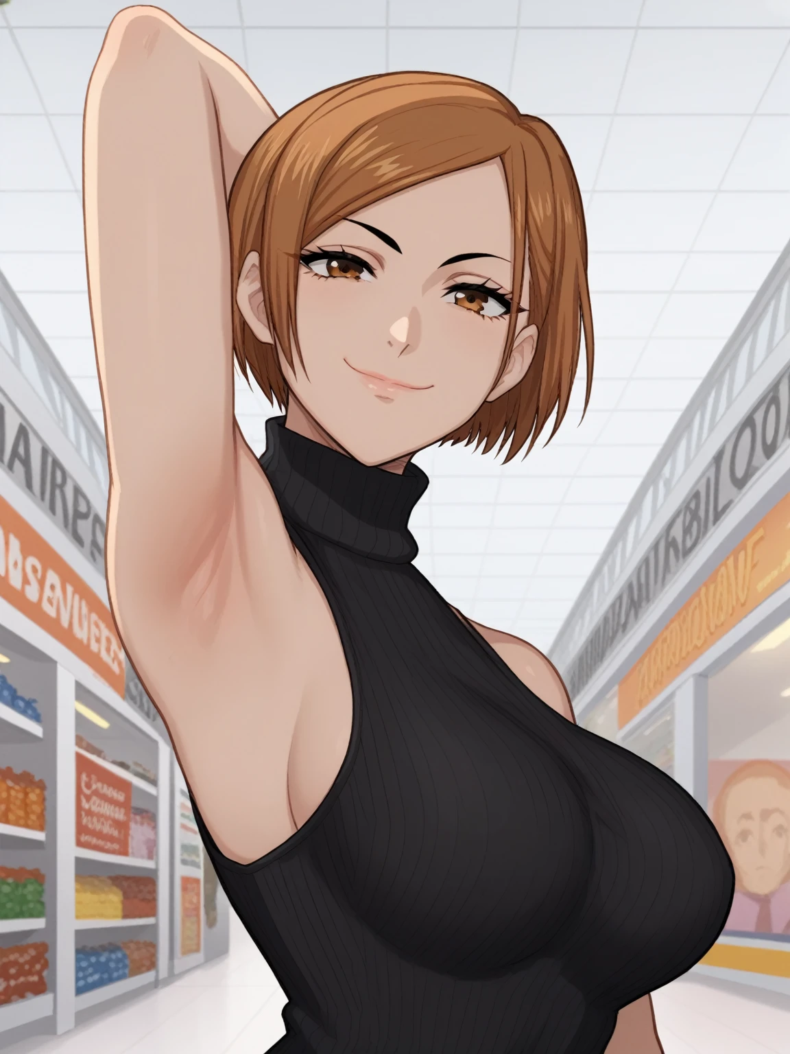 score_9, score_8_up, score_7_up, source_anime, anime screencap, 1girl, solo, kugisaki nobara,brown hair, short hair, brown eyes, black sweater, sleeveless sweater, ribbed sweater, turtleneck, no bra, large breast, bare shoulders, arm behind head, armpit, looking at viewer, head towards viewer, smile, badhandv4, indoors, shopping mall, closed mouth, from side, from below 