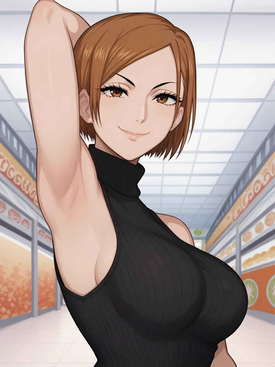 score_9, score_8_up, score_7_up, source_anime, anime screencap, 1girl, solo, kugisaki nobara,brown hair, short hair, brown eyes, black sweater, sleeveless sweater, ribbed sweater, turtleneck, no bra, large breast, bare shoulders, arm behind head, armpit, looking at viewer, head towards viewer, smile, badhandv4, indoors, shopping mall, closed mouth, from side, from below 