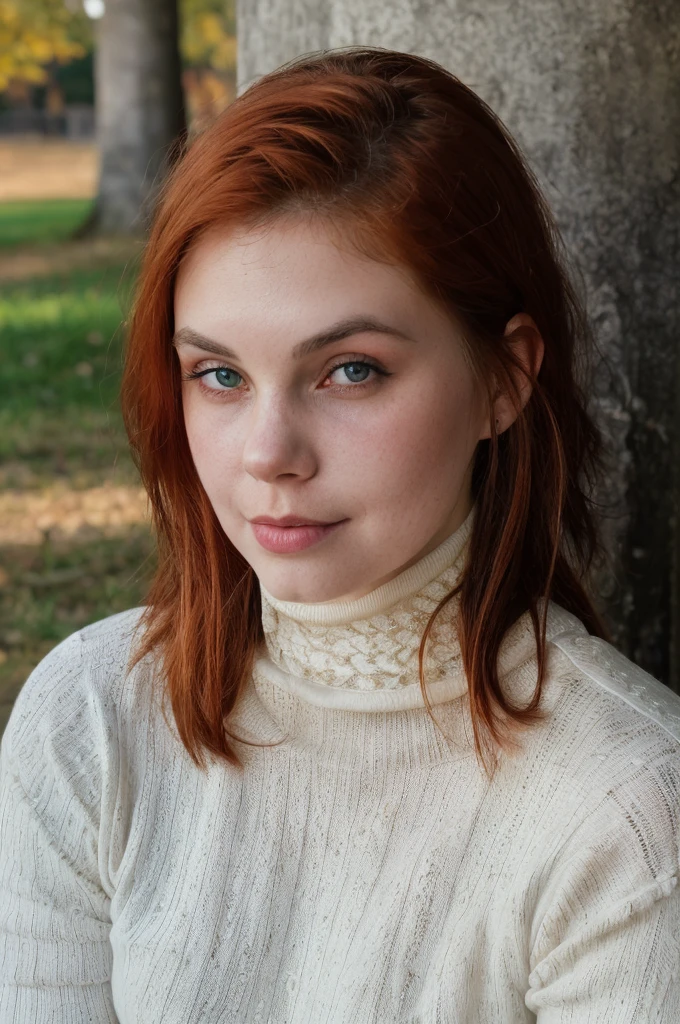 RAW, Portrait of evydodl, 1girl, red hair, blue eyes, nature, outdoor, Spectacular light, ((Jacquard Turtleneck Jumper)), Colorful flowering, Photorealistic, Hyperrealistic, Hyperdetailed, analog style, detailed skin, matte skin, soft lighting, subsurface scattering, realistic, heavy shadow, masterpiece, best quality, ultra realistic, 8k, golden ratio, Intricate, High Detail, film photography, soft focus