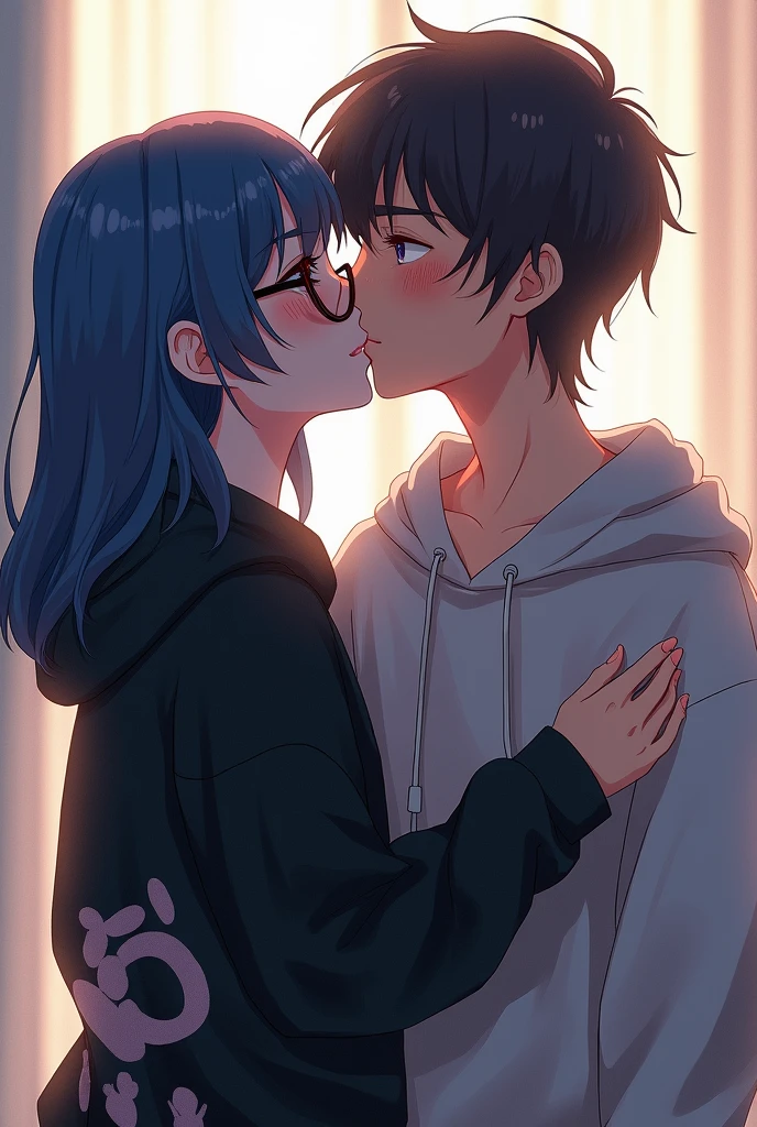 masterpiece, best quality, 1 girl,university student, solo, large breasts, ponytail , silver hair, blue eyes,black oval glasses, ,bedroom, nsfw:1.5, black japanese shrine miko,show off nipple, (((sitting position, hug, face to face, straddle))), pov, ((((1 boy and 1girl are having sex:1.5)))), (lying on bed:1.2),pov, steam,nose blush,ahegao:1.7,sweat,spoken heart:1.4, (side view:1.2), sexually excited,cum in pussy:1.5