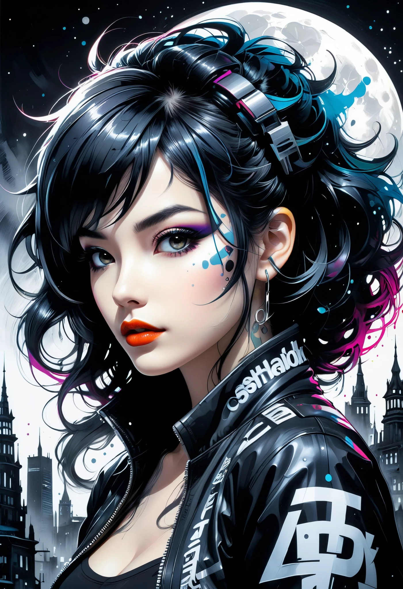fluorescent horizon , color field paint, sense of depth and intrigue , digital brushstrokes,
A captivating 3D rendering of a woman's profile , with dark hair that transitions smoothly to abstract shapes and shapes . The intricate hairstyle features curls and splashes of paint , creating a fluid and dynamic movement . The black and white ink drawing achieves a balance between realistic facial features and abstract form. The overall style is reminiscent of graffiti , typography, and anime, with a touch of dark costume and conceptual art. The background is mysterious, Illuminated urban landscape , with high , Gothic buildings and a full moon casting a silver sheen ., paint, conceptual art, dark costume , 3D rendering , Fashion, vibrant, typography, alloy grips similar to Kemono, graffiti, cinematic, anime
Arte de Jim Mahfood , Henry Asência , por Greg Rutkowski, Craig Davison, jenny saville, Bernie Wrightson, Frank Frazetta,