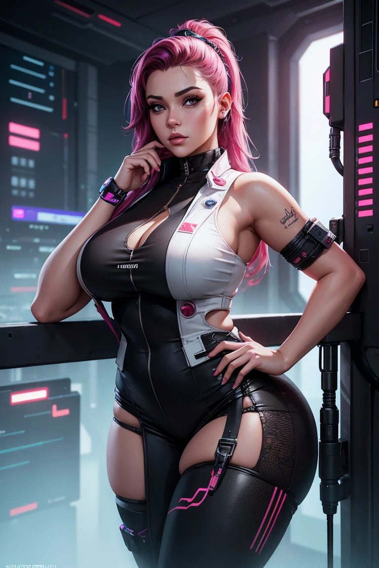 Alison Tyler 25 anos, brunette hair, as a bodybuilder cyborg with bionic parts in your body, cyberpunk swinsuit, pink-white-lime green, reading a magazine leaning on your crossed legs on the futuristic chair, futuristic lab, blueprint, photostudio composition, digital art, illustration concept art in the style of Artgerm and Adam Hughes