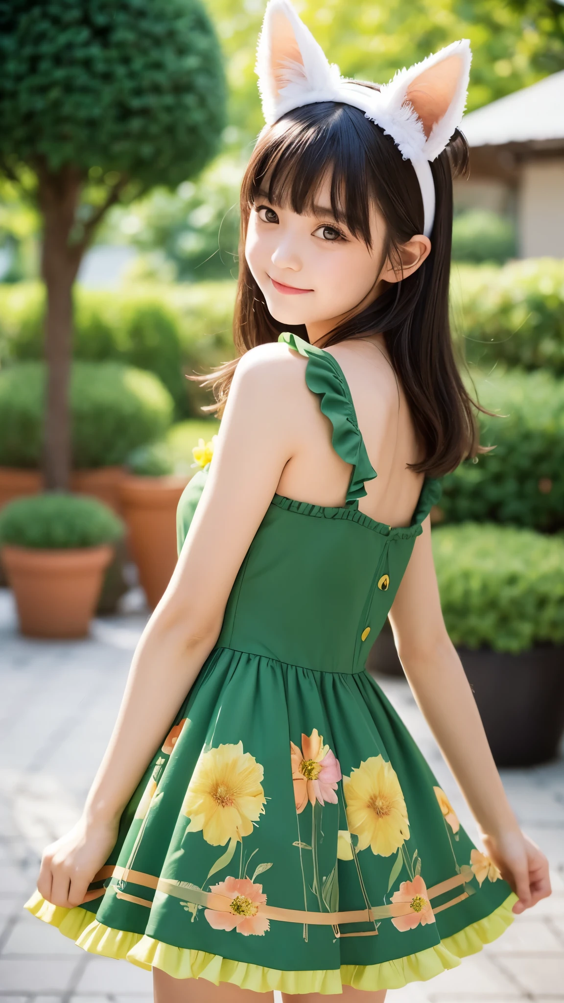 1girl, :d, animal ear fluff, animal ears, bangs, black hairband, blonde hair, blurry, blurry background, depth of field, dress, flower, flower pot, frilled dress, frills, green dress, green eyes, hairband, holding, long hair, open mouth, pink flower, plant, potted plant, sketch, sleeveless, sleeveless dress, smile, solo, tail, wrist cuffs, yellow flower, 1980s (style)