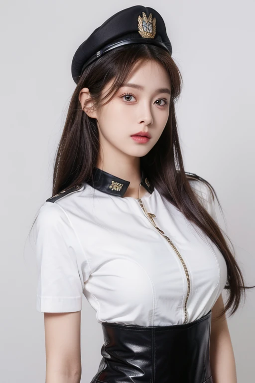 simple background,(Wearing a female police uniform and a police cap:1.4), solo, good hand,4k, high-res, masterpiece, best quality,((Hasselblad photography)), finely detailed skin, sharp focus, (cinematic lighting), soft lighting, dynamic angle, [:(detailed face:1.2):0.2],midriff peek, medium breasts, breasts,(((inside mansion))),1girl, jewelry,earrings, orange_sky, solo, mole, long_hair, mole under eye, upper body, grey eyes, looking at viewer,black hair,Fashion,(head tilt:1.4), red background, lips, slightly smile