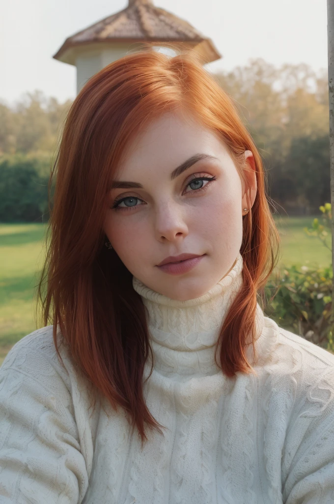 RAW, Portrait of evydodl, 1girl, red hair, blue eyes, nature, outdoor, Spectacular light, ((Jacquard Turtleneck Jumper)), Colorful flowering, Photorealistic, Hyperrealistic, Hyperdetailed, analog style, detailed skin, matte skin, soft lighting, subsurface scattering, realistic, heavy shadow, masterpiece, best quality, ultra realistic, 8k, golden ratio, Intricate, High Detail, film photography, soft focus