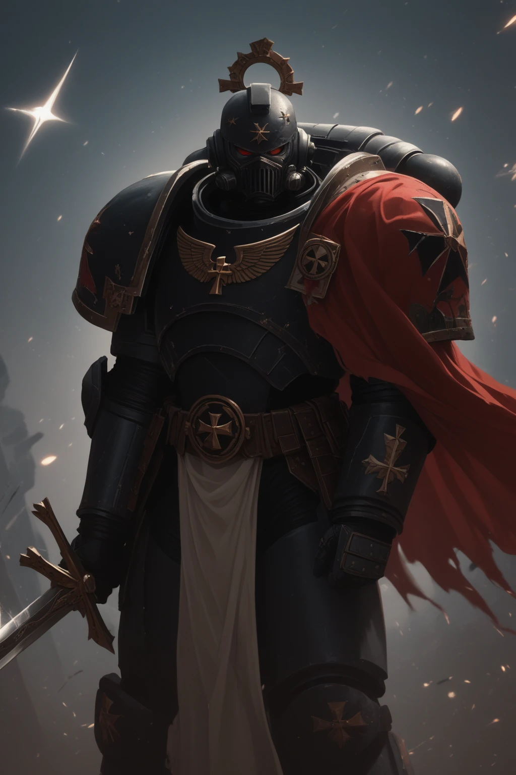 Solo1, cinematic film still, Black tamplers, large space marine,On the mask is a white cross of the Crusaders, Red ribbon on the right hand, Red cloak, Sword in hand, swinging the sword above himself, highly detailed, bokeh, moody, epic, film grain, grainy 