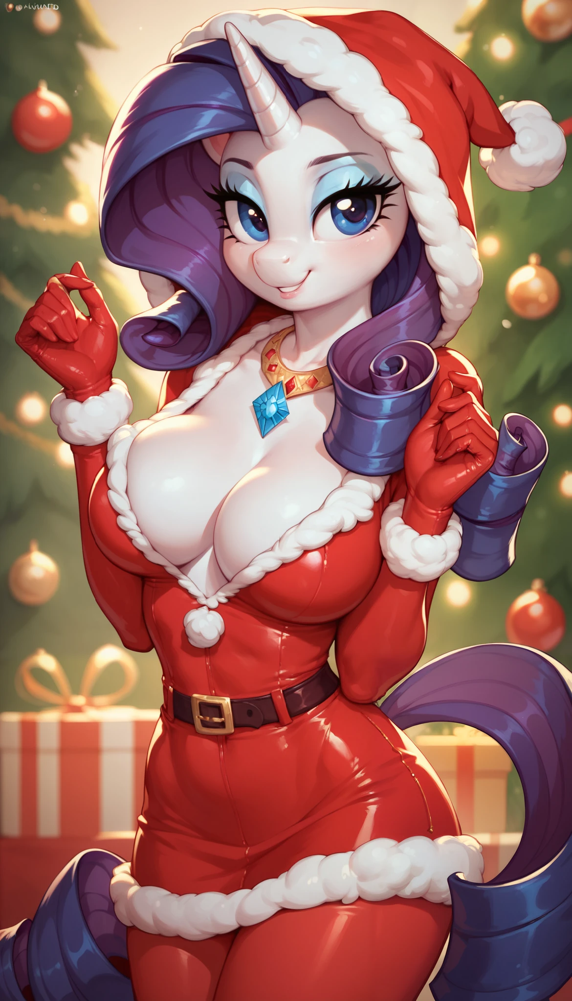 score_9, score_8_up, score_7_up, Rarity, mlp, anthro, 1girl, purple eyes, solo, two curly top hair with hair strands on the side, tight body suit, red pantyhose, soft breasts, cleavage, jewellery, 1girl, solo, Christmas, (hood with white fur), skirt