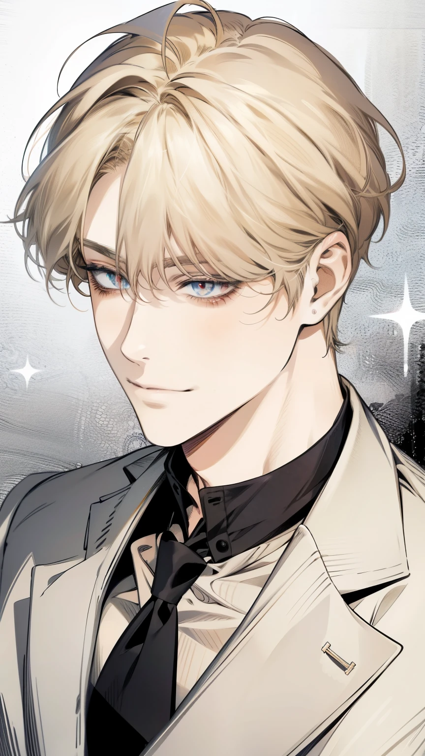 Solo, anime drawing of a man with blonde hair and red eyes, clean anime outlines, praying posture, side part bangs, medium hair length, anime portrait of a handsome man, male anime style, smirk facial