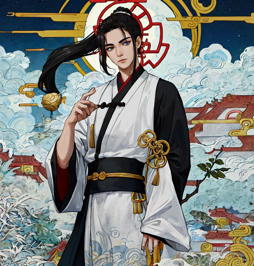 Handsome, 25 years old, Asian, master work, best picture quality, higher quality, high detail, super high resolution, 8k resolution, delicate facial features, boy, big muscles, tattoos, glowing eyes, hair details, [[look away, look to the side, emphasize homosexuality and pay attention to every detail , cross-legged, open Hanfu transparent tulle jacket, white rubber pants, (((((crotch bulge)))) (harmony, balance, yin and yang), Chinese silk painting, Tai Chi principle, smooth movement, interconnected elements, Interaction of contrasting forces, Taoist philosophy, Touch of the I Ching, warm and cold tones, reflective art, inspiration by Laozi, Zhuangzi, Yin and Yang Diagram, Taiji Diagram, Bagua Diagram, Spirit and Flesh Unity, Taoism, Summoning Magic, Movie Lighting, Fire and Ice, Bagua Background, Round Bagua, Yiyang, Taoist Practice, Meditation Meditation, Buddha Meditation, Spiral Dragon, Top Cloud Dragon,