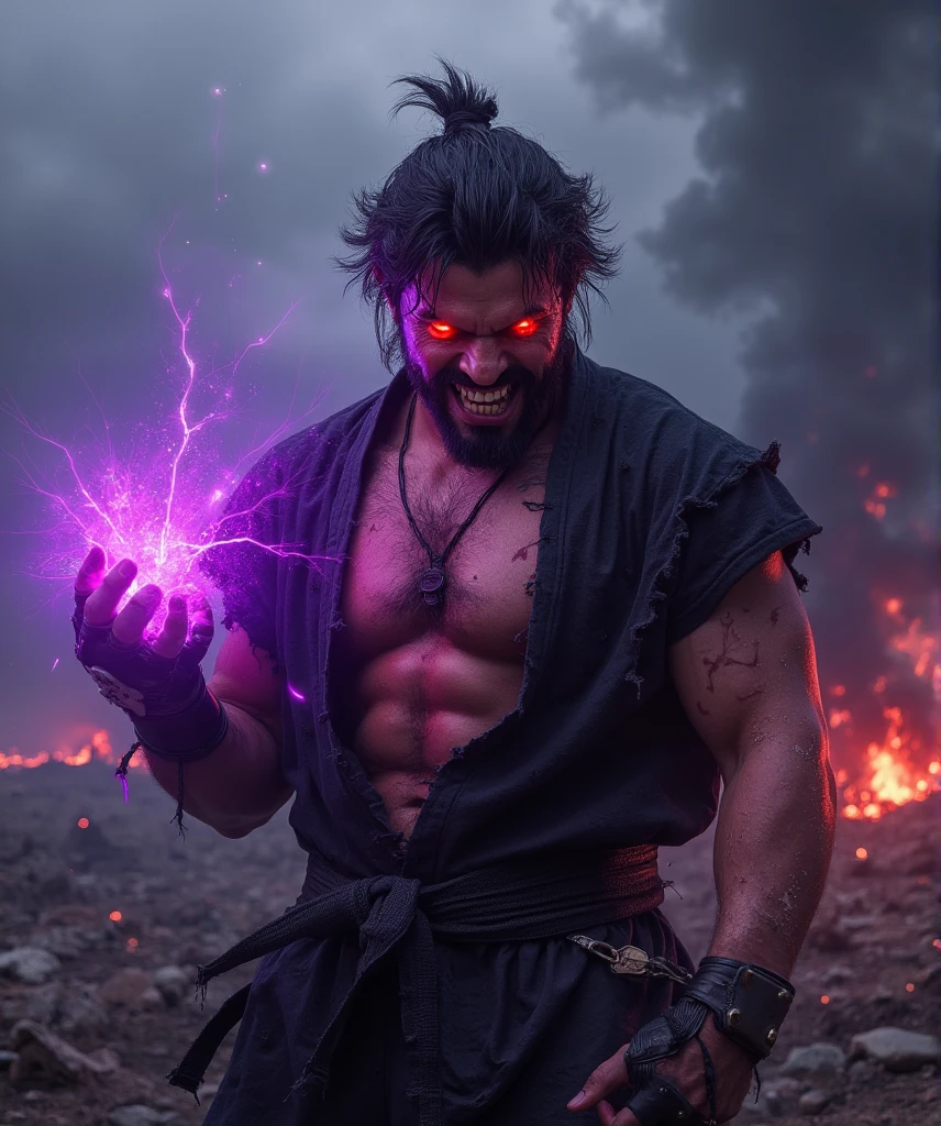  A hyperrealistic image of a man inspired by Kage ,  the dark manifestation of Ryu from Street Fighter ,  captured on a medium plane that highlights his sinister nature and his connection with Satsui no Hado .  His face is fierce and tormented ,  with hardened features and an expression of contained anger .  His eyes shine brightly with a demonic red glow ,  and fangs stick out slightly between the tight lips in a sinister smile .  emerges His dark hair is bristling ,  with an aura of evil energy seems to elevate it .

 He wears a frayed and broken black gi ,  showing his muscular torso full of scars and veins highlighted by the dark energy that flows through him.  His belt is frayed ,  and his body is shrouded in a faint dark purple glow ,  symbolizing the corruption of Satsui no Hado .  Sus gloves are torn and bathed in a faint crimson glow ,  as if they were imbued with destructive energy .

 The background is an apocalyptic landscape :  an arid land with cracks that emit red light ,  while a dark and stormy sky is filled with purple rays .  Kage is in an aggressive and threatening pose ,  with an arm extended forward , from which a  "Hadouken"  surrounded by shadows and red sparks that distort the air .

 The lighting is dramatic ,  with cold tones and deep shadows that emphasize his musculature , , the cracks in his clothes and the ominous glow of his evil energy . } The scene captures the essence of a warrior consumed by darkness ,  a reflection of what could be power without control or purpose .