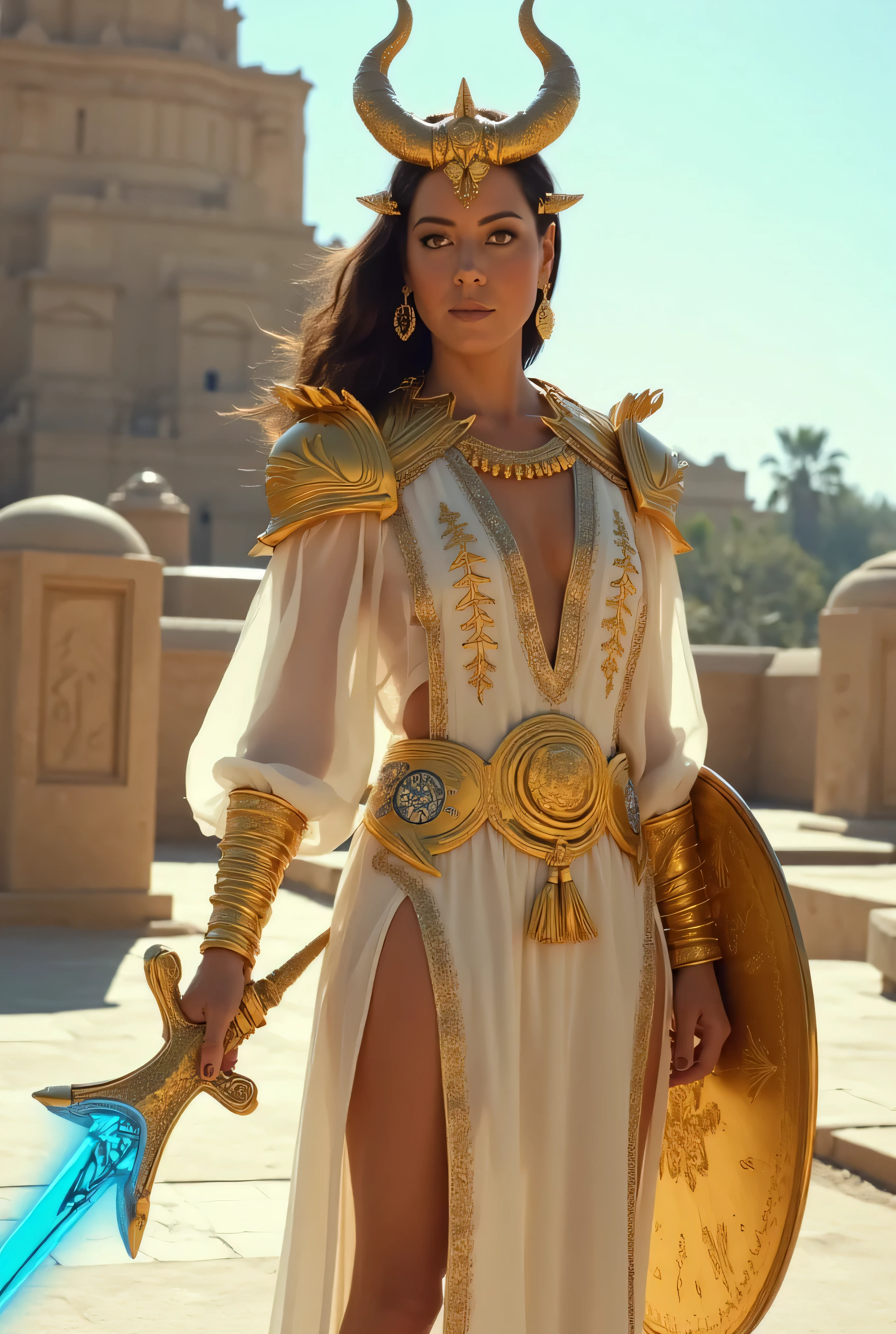 beautiful detailed photograph, warrior woman, divine regal appearance, flowing white and gold outfit, intricate designs, sheer translucent fabric, golden accents, armor elements, golden arms wrappings, golden legs wrappings, distinctive headdress, curved golden horns, hanging ornaments, wields glowing blue curved sword, holds gold shield, standing confidently, dramatic pose, temple on the background