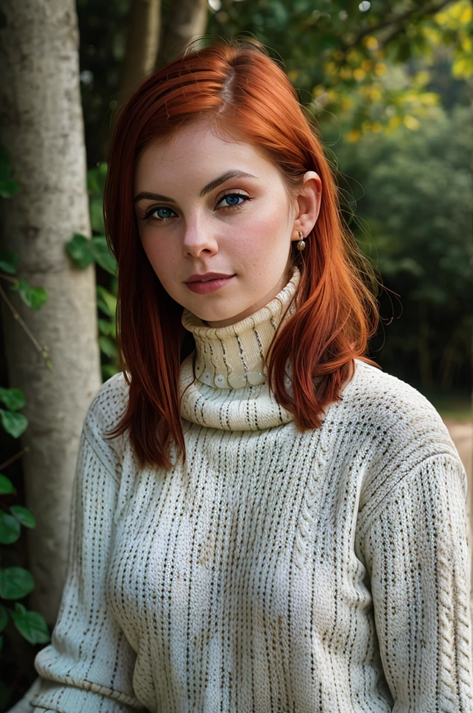 RAW, Portrait of evydodl, 1girl, red hair, blue eyes, nature, outdoor, Spectacular light, ((Jacquard Turtleneck Jumper)), Colorful flowering, Photorealistic, Hyperrealistic, Hyperdetailed, analog style, detailed skin, matte skin, soft lighting, subsurface scattering, realistic, heavy shadow, masterpiece, best quality, ultra realistic, 8k, golden ratio, Intricate, High Detail, film photography, soft focus