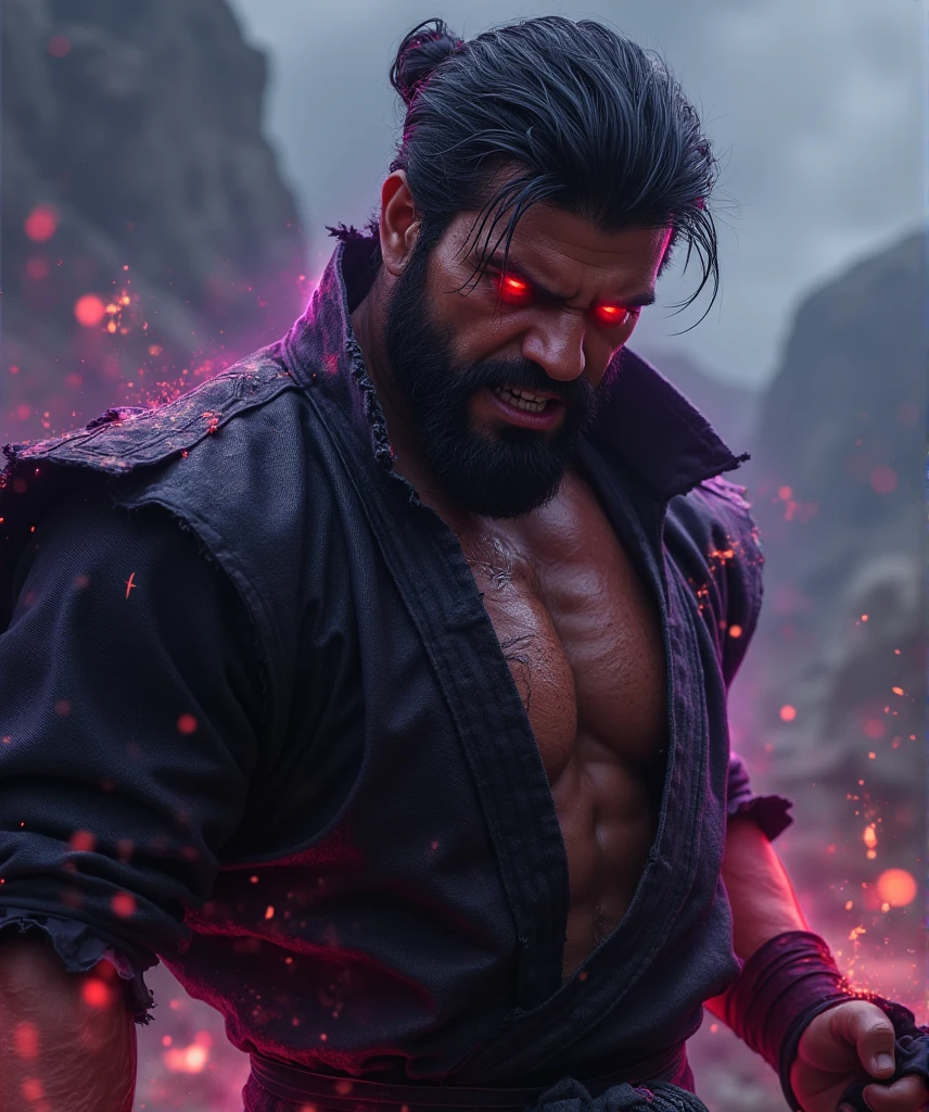   To a hyperrealistic image of a man inspired by Kage  ,   the dark manifestation of Ryu from Street Fighter  ,   captured on a medium plane that highlights her sinister nature and her connection with Satsui no Hado .   His face is fierce and tormented  ,   with hardened features and a restrained expression of anger  .   His eyes shine brightly with a demonic red glow  ,   and the fangs stand out slightly between the tight lips in a sinister smile  .   emerges His dark hair is bristling  ,   with an aura of evil energy seems to elevate it  .

  wears a frayed and broken black gi  ,   showing his muscular torso full of scars and veins highlighted by the dark energy that flows through him.   His belt is frayed  ,   and his body is shrouded in a faint dark purple sheen  ,   symbolizing the corruption of Satsui no Hado  .   His gloves are broken and bathed dimmed in a faint crimson  ,   as if they were imbued with destructive energy  .

  The background is an apocalyptic landscape  :   an arid land with cracks that emit red light  ,   glow while a dark, stormy sky is full of rays purple  .   Kage is in an aggressive and threatening pose  ,   with an arm extended forward  , from which a   "Hadouken"   surrounded by shadows and red sparks that distort the air  .

  The lighting is dramatic  ,   with cold tones and deep shadows that emphasize his musculature  , , , the cracks in his clothes and the ominous glow of his evil energy  . } } The scene captures the essence of a warrior consumed by darkness  ,   a reflection of what could be power without control or purpose  .