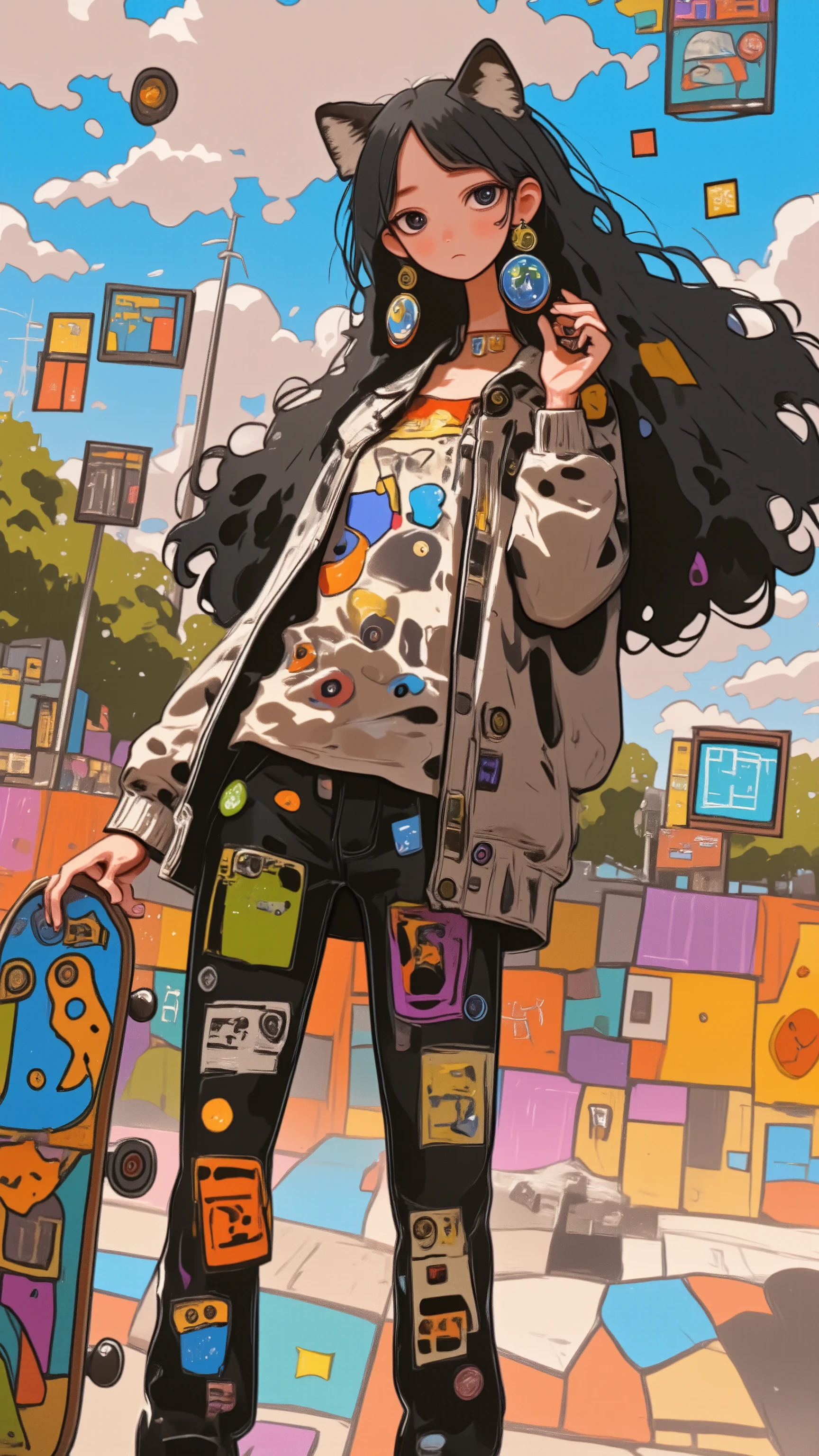   General plan full leather  ,   anatomically correct :1.3,    young girl holding a skateboard on a skateboard ramp in a park,  Lucia Pecca   , tumblr, painted,  hip hop emo fashion  , Grange style , 酷炫风格 ,    young girl from rock punk rock    ,  grunge rock fashion  ,  emo rock style , an emotional girl,  Skateboarding style , casual clothing style ,    Street Fashion Outfit   ,   charming tomboy   , wearing a  Punk Band ,  Punk Band 