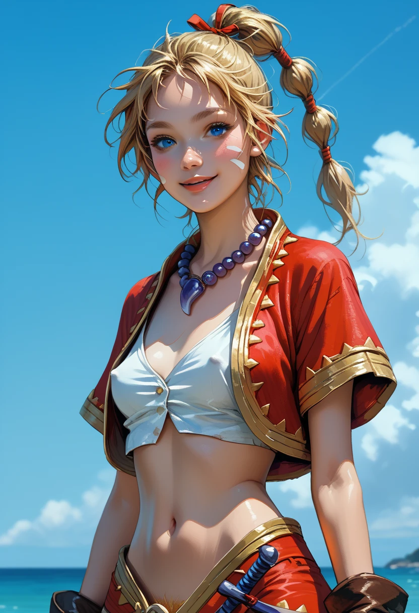 1girl, Highly detailed face, (beautiful blue eyes), light smile, kdecc, ponytail, facial mark, necklace, fitted red vest, small breasts, (nude torso under vest:1.42), erect nipples, midriff, thigh gap, (form fitting red skirt), ((skirt is partially open)), (yellow pubic hair peeks out of her skirt:1.37), gloves, (cropped at knees), (standing with legs apart)