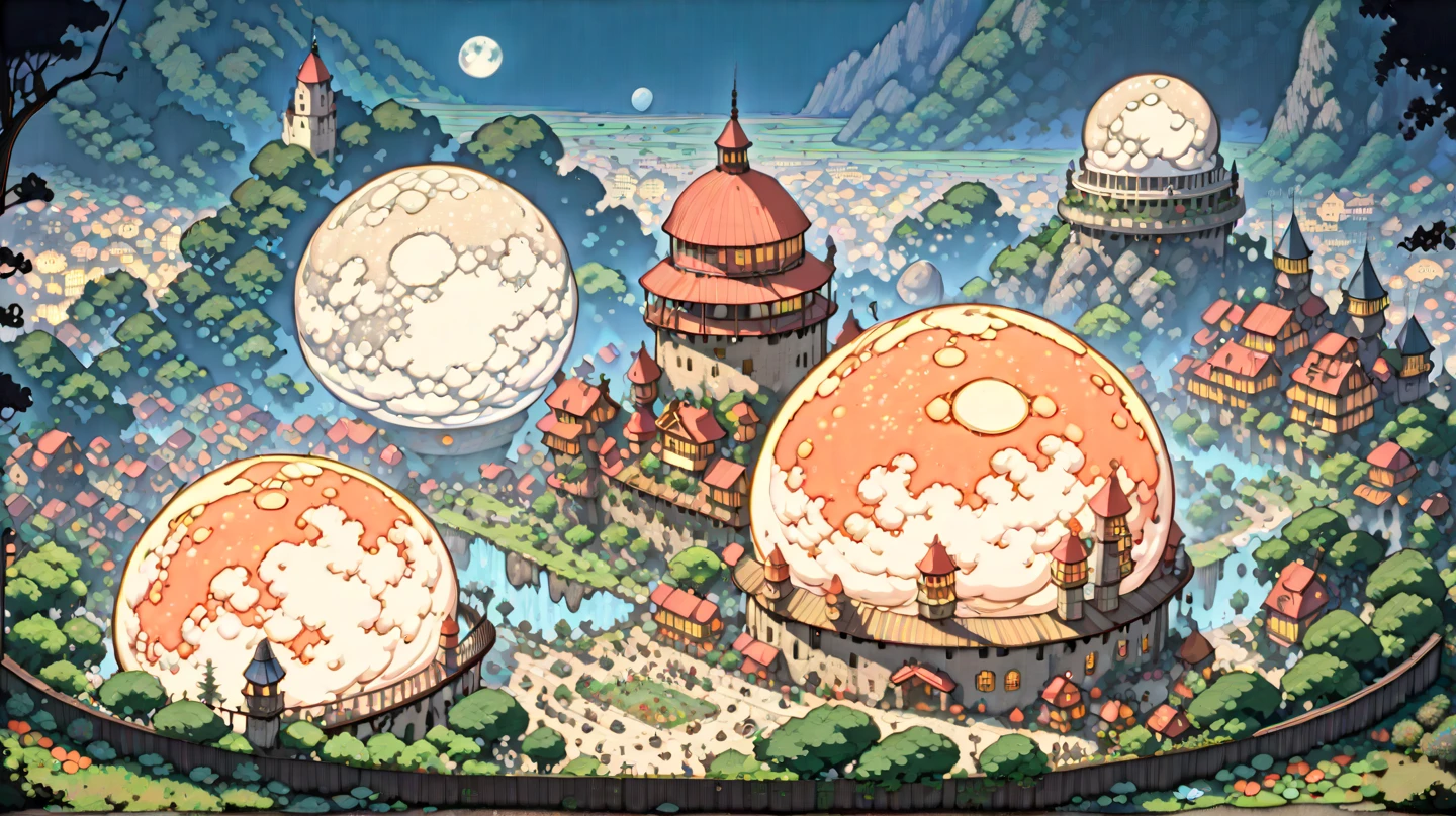 (masterpiece, ultra-detailed, top quality), (cartoon-like illustrations reminiscent of Hayao Miyazaki, Japanese 2D animation, shadows:1.3), distant night view from above, (huge peach moons:2.0), (huge medieval European castle town:1.3).