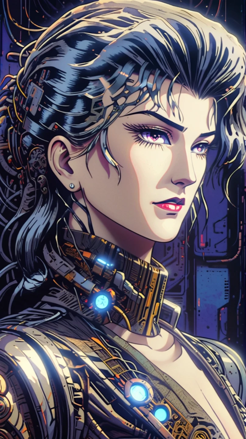 A dramatically lit, high-contrast scene of a dystopian cyberpunk cityscape at night, masterfully crafted in the distinct art style of Yoshiaki Kawajiri. An intriguing profile of a Sadui Arabian cyborg woman with a silver motor head, adorned in the vibrant style of bodypunk artistry. Her enchanting eyes, reminiscent of a charming doll, are framed by a Japan Hime_cut hairstyle that flows like a digital wave. A tangled web of twisted cables and LED lights, a masterful blend of technology and biology, connects her to the wall, creating a mesmerizing contrast against the soft yellow background which has been toned down to a soothing 1.5 intensity. The cables pulse with a rhythmic glow, emphasizing the interplay of organic and mechanical elements. Her form is ethereal, with a hint of the iconic Alice Madness character's whimsy, and her head is tilted at a playful 80-degree angle, showcasing the intricate circuitry beneath the silver plating. In one hand, she holds a sleek ray gun that seems to be an extension of her being, pointing it towards an unseen horizon as if contemplating a surreal battle. The artistry of Sergio Lopez, Natalie Shau, James Jean, and Salvador Dali is evident in the vivid blending of futuristic elements with a touch of the traditional, while the influence of lvdress and KCHIAKI adds a distinct fashion flair to her cybernetic ensemble. Her 3va-inspired attire complements the overall aesthetic, suggesting a fusion of high-fashion and advanced robotics. The composition, a delightful amalgamation of surrealism and cyberpunk, invites viewers to ponder the boundaries of identity and existence in a world where technology and art intertwine.