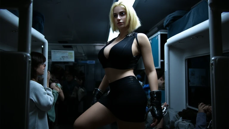 Masterpiece, ((cyberpunk setting)), cyberpunk aesthetic, fully naked beautiful blonde young female, in a very crowded subway train with many clothed men grabbing her, touching her, admiring her, aggressively groped by multiple men, removing her clothes, embarrassed, dynamic lighting, cinematic style, badass, futuristic 