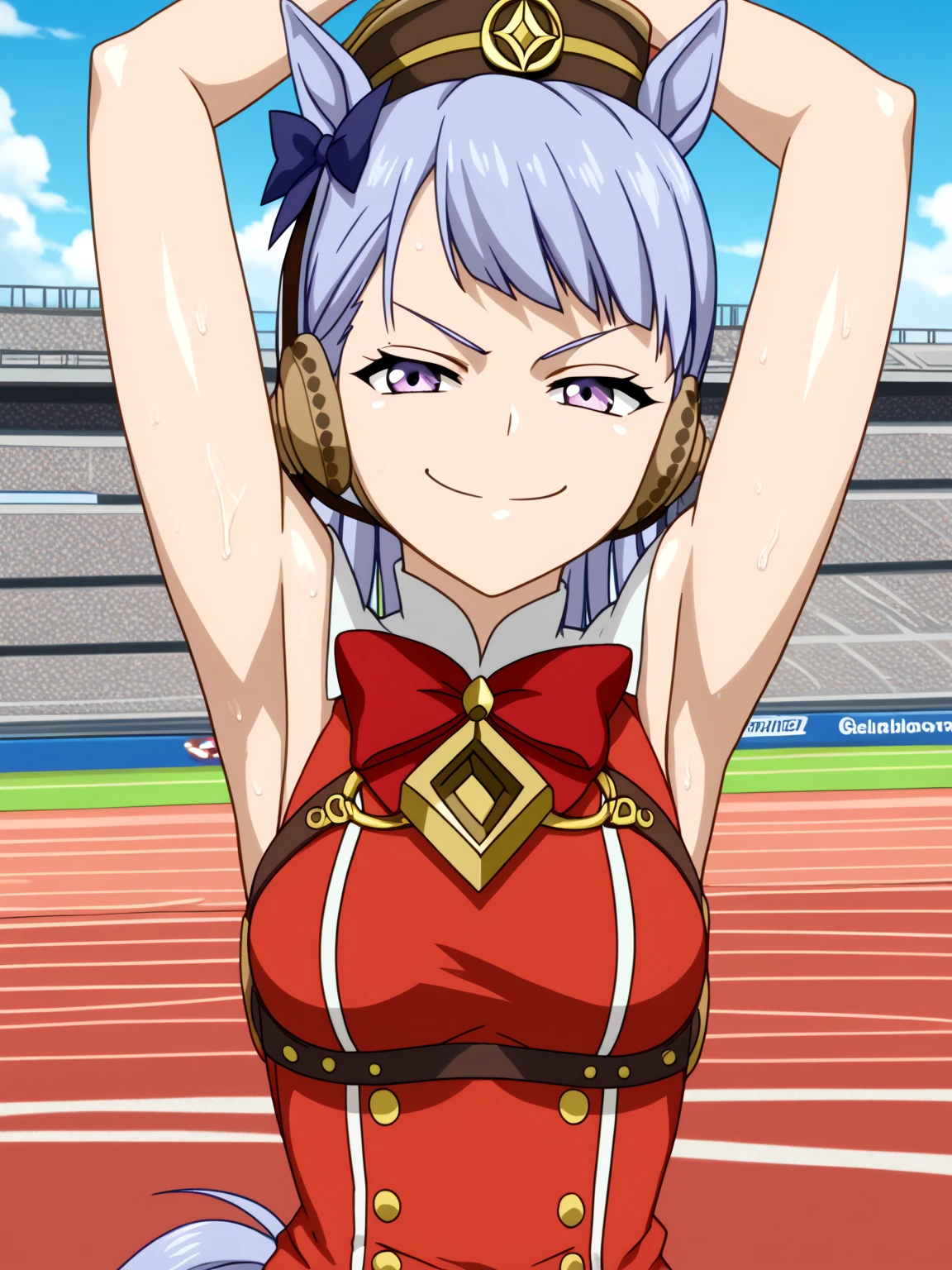 score_9, score_8_up, score_7_up, source_anime, anime screencap, 1girl, solo, umpdgoldship, horse tail, pillbox hat, red dress, bow, sleeveless, arms up, raised arms, armpits, from above, looking at viewer, head towards viewer, smile, closed mouth, badhandv4, outdoors, race track, sweaty, smug