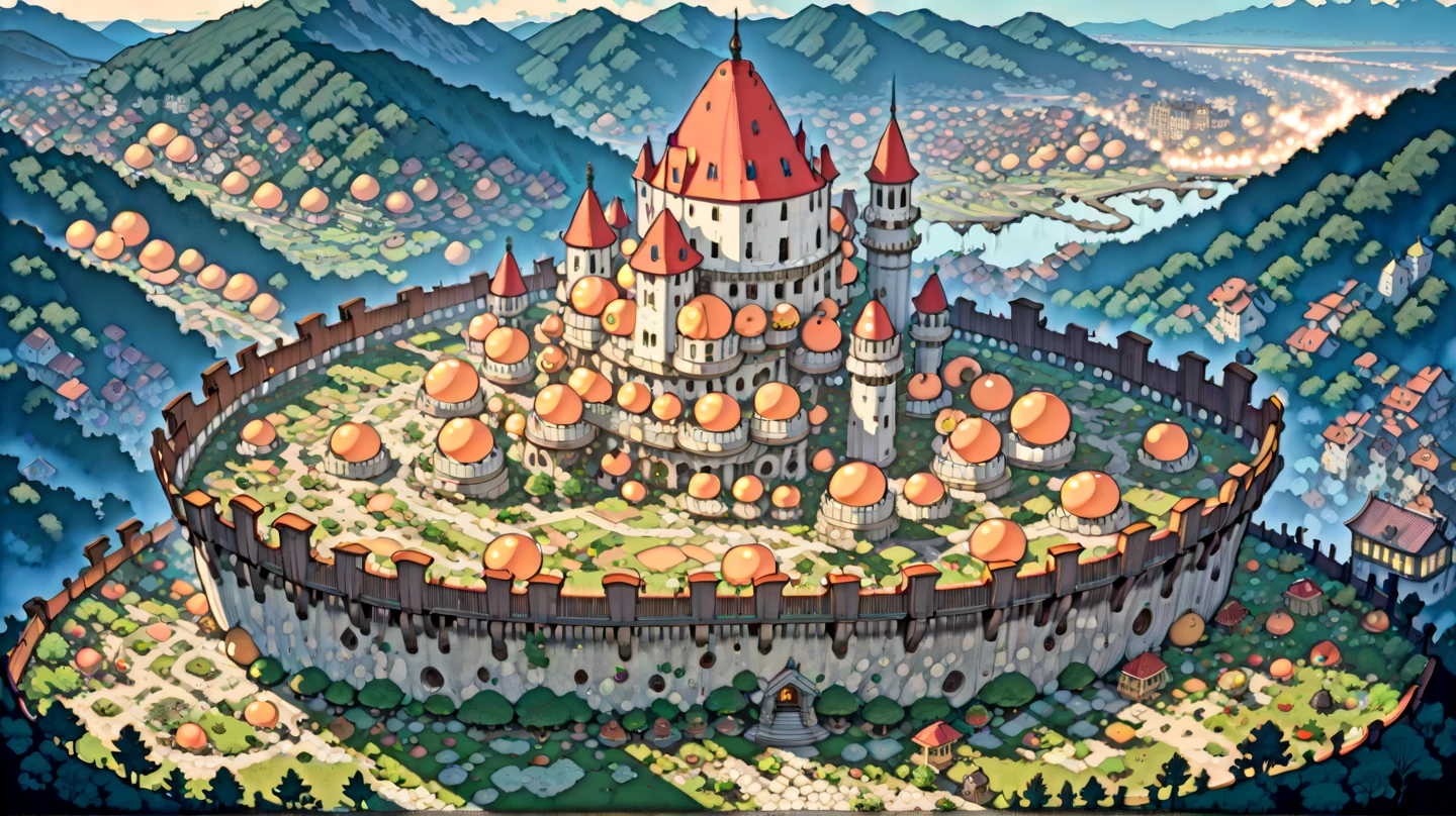 (masterpiece, ultra-detailed, top quality), (cartoon-like illustrations reminiscent of Hayao Miyazaki, Japanese 2D animation, shadows:1.3), distant night view from above, (huge peach moons:1.9), (huge medieval European castle town:1.3).