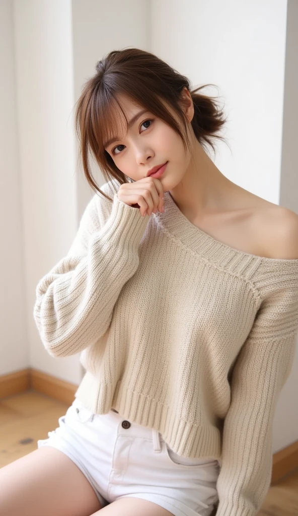   top quality,  very detailed, (Watercolor), bloom,  delicate and beautiful, shape, (from below),( 1 girl:1.4), (Alone:1.2), Big Breasts, ( Rib Knit Sweater:1.3),  off shoulder sweater, (Shorts:1.2), Bare shoulders, ( Underbob ), (( white skin:1.2)),   beautiful eyes , ( messy hair standing in the way ),  photoshoot,  Over-the-Shoulder Shot, ,  professional , Canon Camera, Nikon Camera,  sharp, Bokeh,  Studio Quality ,  fisheye lens, Miss Robert Capa  ,