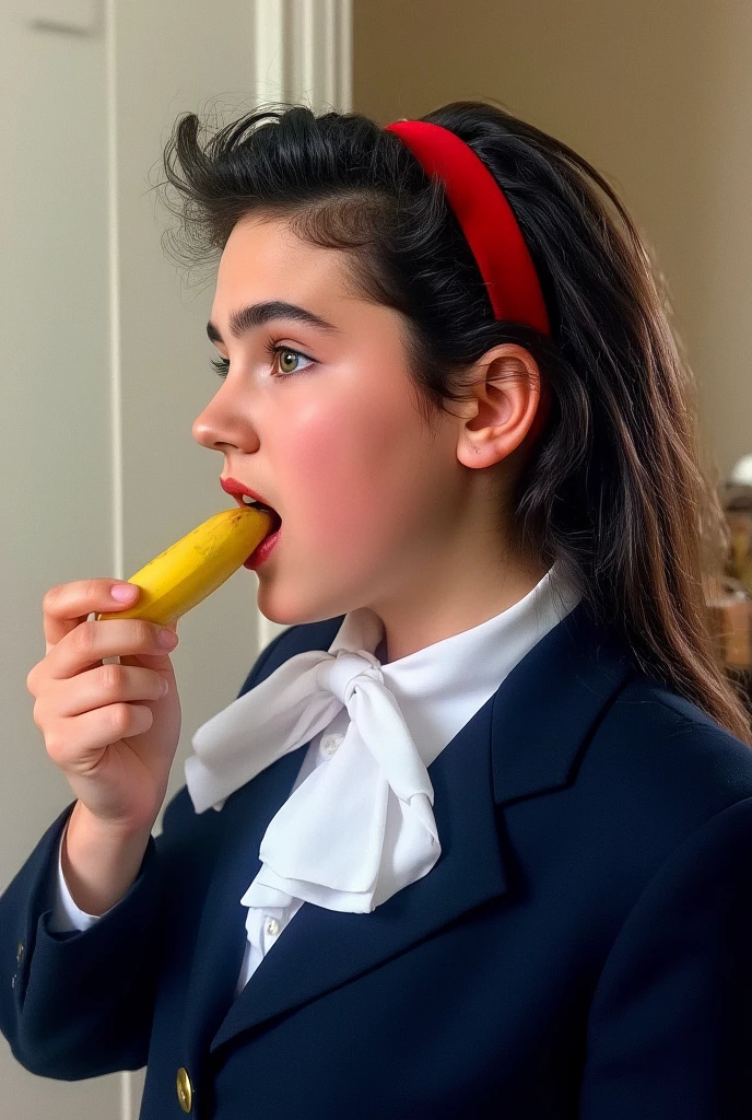 (very realistic photography),(masterpiece, best quality:1.3), 1girl, (alone), from just her side, her beautiful profile,
((young Jennifer Connelly)),(at age 15),
she wear in tidy dark blue high school blazer uniform and immaculate white blouse with large white ribbon tie.,
she wears a vivd red hair band., 
with cute face with plump cheeks, 
scooped nose arched high with a turned-up tip,
no make up,
flawless healthy youthful fresh succulent fine smooth white skin,
with precocious female body with precociously large blreasts and broad wide shoulders, 
Jennifer Connelly's unique and beautiful face is recreated.,
a bit wet shiny long dark hair fluttering,
She opens her mouth wide and takes a long and thick banana deep into her mouth and eating it.,
She is in a hotel room with bright natural light illuminating on her beautiful face.,