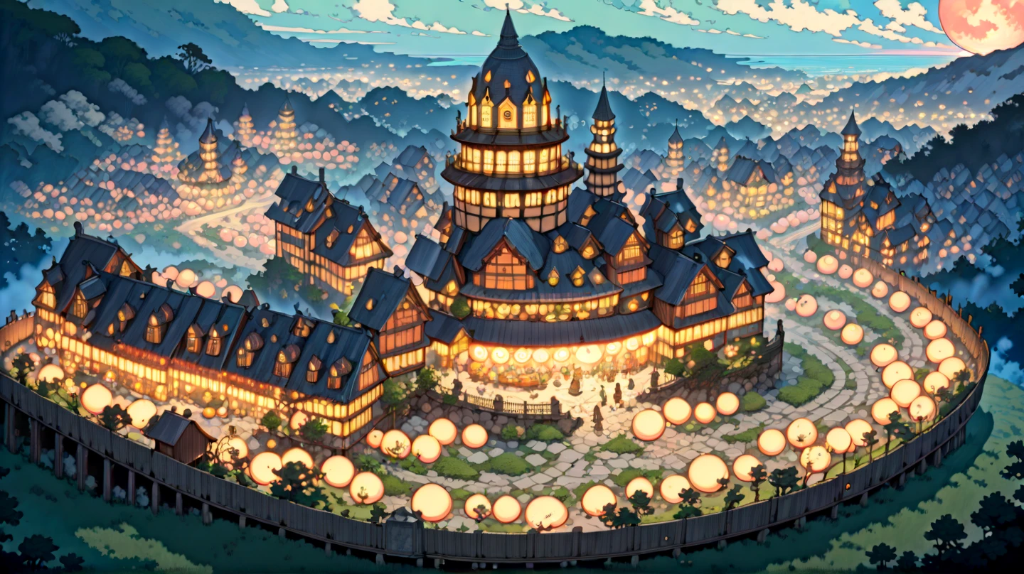 (masterpiece, ultra-detailed, top quality), (cartoon-like illustrations reminiscent of Hayao Miyazaki, Japanese 2D animation, shadows:1.3), distant night view from above, (huge peach moons:1.8), (huge medieval European castle town:1.3).