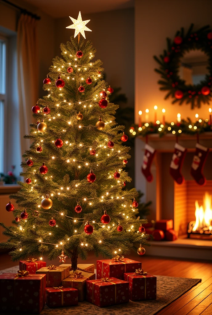 Un magnifique sapin de Noël, richement décoré, se dresse au centre de l'image.
Le sapin est orné de guirlandes lumineuses scintillantes, de boules colorées et brillantes, et de rubans dorés et argentés.
À son sommet, une étoile dorée ou un ange illumine l'ensemble de l'arbre.
Des cadeaux emballés dans des papiers aux motifs festifs sont disposés sous le sapin, ajoutant à l'atmosphère joyeuse et festive.
L'arrière-plan montre un salon chaleureux avec une cheminée où brûle un feu accueillant, des chaussettes de Noël suspendues, et des décorations de Noël partout.
Des lumières douces et chaleureuses illuminent la scène, créant une ambiance réconfortante et magique.