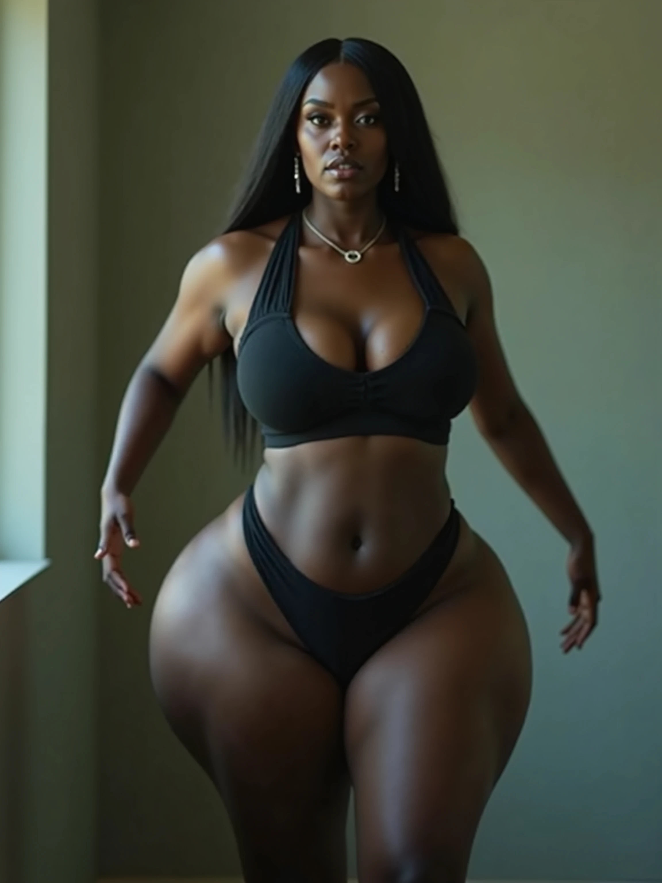 A woman in a bikini at the bodybuilding gym, cintura magra e quadris grossos, corpo grande, thicc, nicki minaj curvy, quadris largos, quadris mais largos, coxas grossas, ela tem uma barriga redonda gorda e agitada, beautiful thick female, curvy hourglass figure, grosso, body curvy, quadris grandes, Round thighs, Figura curva, coxas grandes