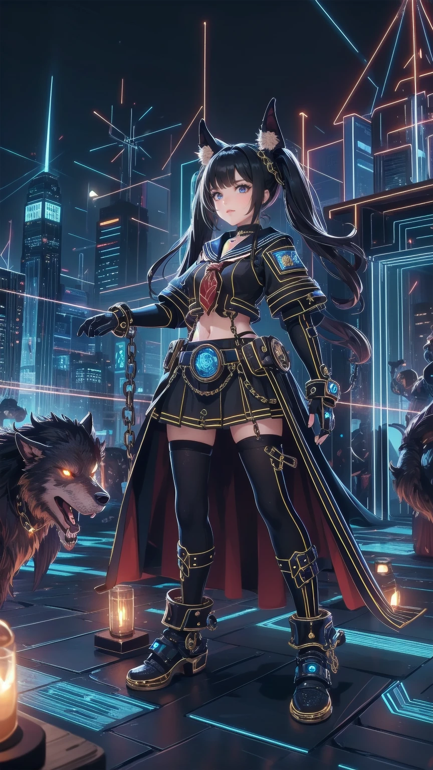 (masterpiece, best quality, detailed), 1girl, solo, looking at viewer,<lora:dehya1:1> multicolored hair, black-gold hair, streaked hair, large breasts, very long hair, blue eyes, dark-skinned female, earrings, animal ears, (armor:1.5), (breastplate:1.6), armored dress, cape, (bodysuit:1.5), belt, full armor, knight, gloves, pauldrons, outdoors, cyberpunk, city, night, city lights, neon lights, skyscraper, graffiti, car, contrapposto, serious, v-shaped eyebrows, closed mouth