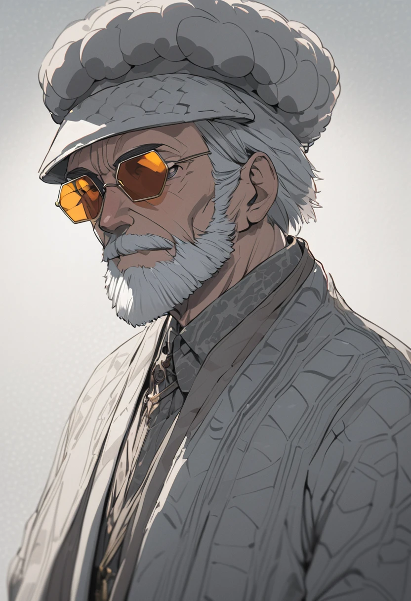 A stylish old man with a white beard, wearing a sheep hat and hexagonal sunglasses, looking thoughtful, anime style, sharp focus, highly detailed