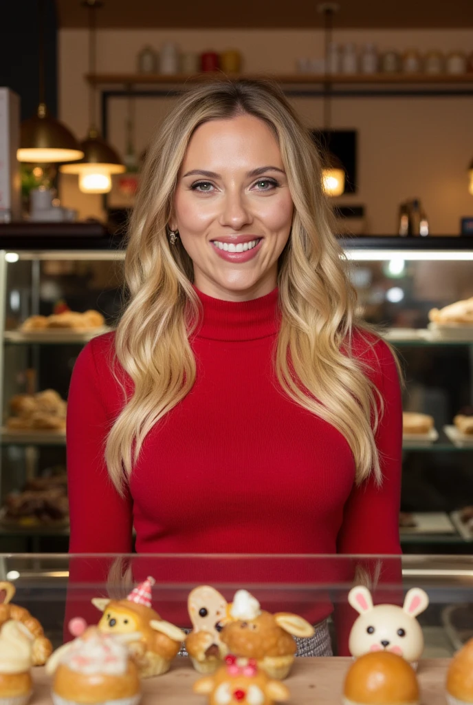 (medium close-up) photograph of (beautiful 28 year old) (sc4rj0:1.2) woman with blonde hair,as a pastry chef,wearing a red turtleneck sweater dress,standing behind the counter of a (New York City bakery:1.1),with (animal shaped pastries in display case),looking at camera,smiling,variety magazine photoshoot, face focus,sharp focus,depth of field,facing viewer,rich details,clear shadows and highlights,realistic,highly detailed,sfw,(no cleavage:1.2),(no midriff:1.2),(no cleft chin:1.1),