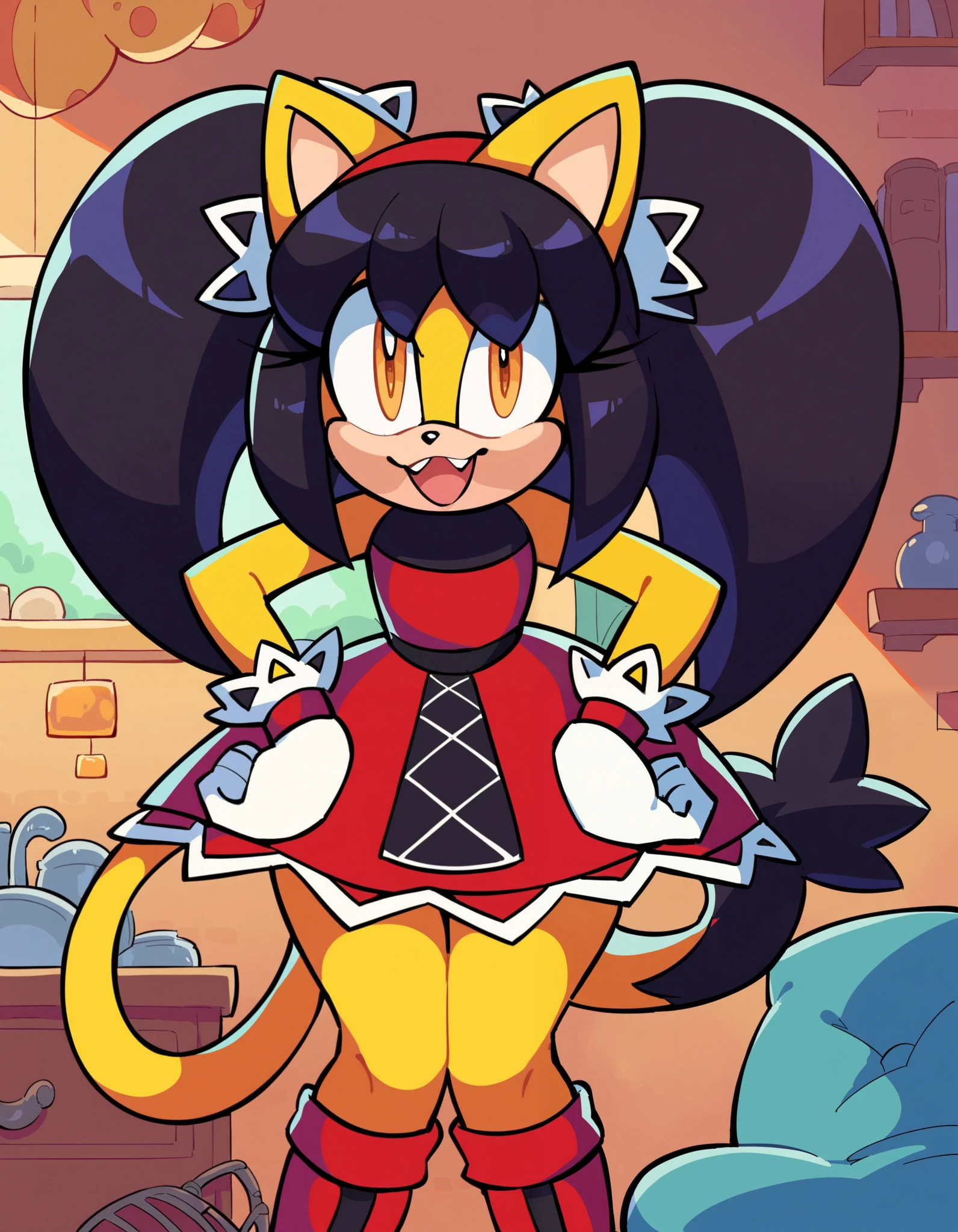 score_9, score_8_up, 2D, flat color, 1girl, indoors, very detailed, extremely detailed, honey the cat from the sonic the hedgehog series, twintails, dress, upskirt, frilly white thong, ass, ass focus, looking back, smirk, smug , sweat, big ass, with 5 fingers, smile, teeth, detailed,